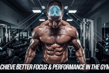 Man in gym holding weights with focus symbol above; text: Achieve Better Focus & Performance in the Gym!