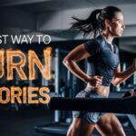 A woman runs on a treadmill in a bright gym with the text 'Burn the Most Calories' in a fiery design