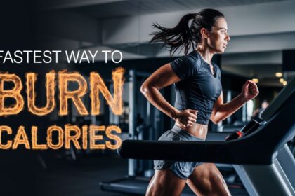 A woman runs on a treadmill in a bright gym with the text 'Burn the Most Calories' in a fiery design