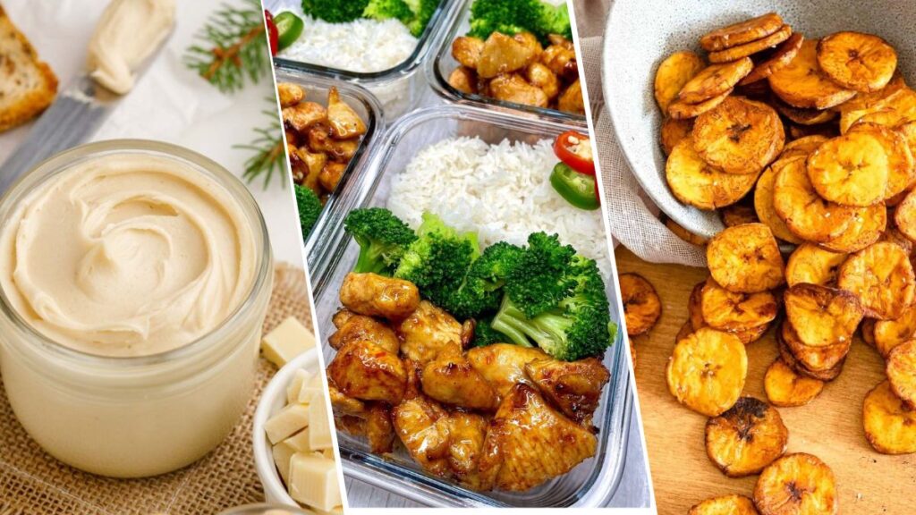 Collage of creamy spread, chicken with rice and broccoli meal prep, and crispy plantain chips for a healthy, balanced meal.