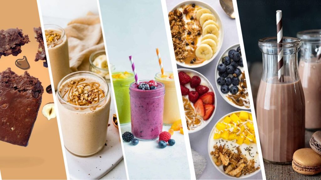 Collage of post-workout recovery foods, including brownies, smoothies, fruit yogurt bowls, and chocolate milk.