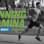 Runner in motion with text 'How to Boost Running Stamina in Just 2 Weeks' and a stopwatch icon showing progress.