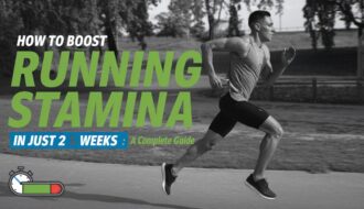 Runner in motion with text 'How to Boost Running Stamina in Just 2 Weeks' and a stopwatch icon showing progress.
