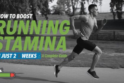 Runner in motion with text 'How to Boost Running Stamina in Just 2 Weeks' and a stopwatch icon showing progress.