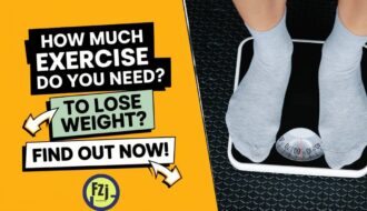 Thumbnail image with bold text reading 'How Much Exercise Do You Need to Lose Weight? Find Out Now!' on a yellow background, with a photo of a person standing on a scale on the right.