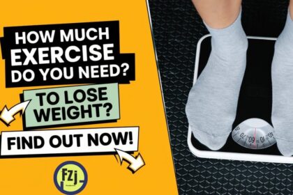 Thumbnail image with bold text reading 'How Much Exercise Do You Need to Lose Weight? Find Out Now!' on a yellow background, with a photo of a person standing on a scale on the right.