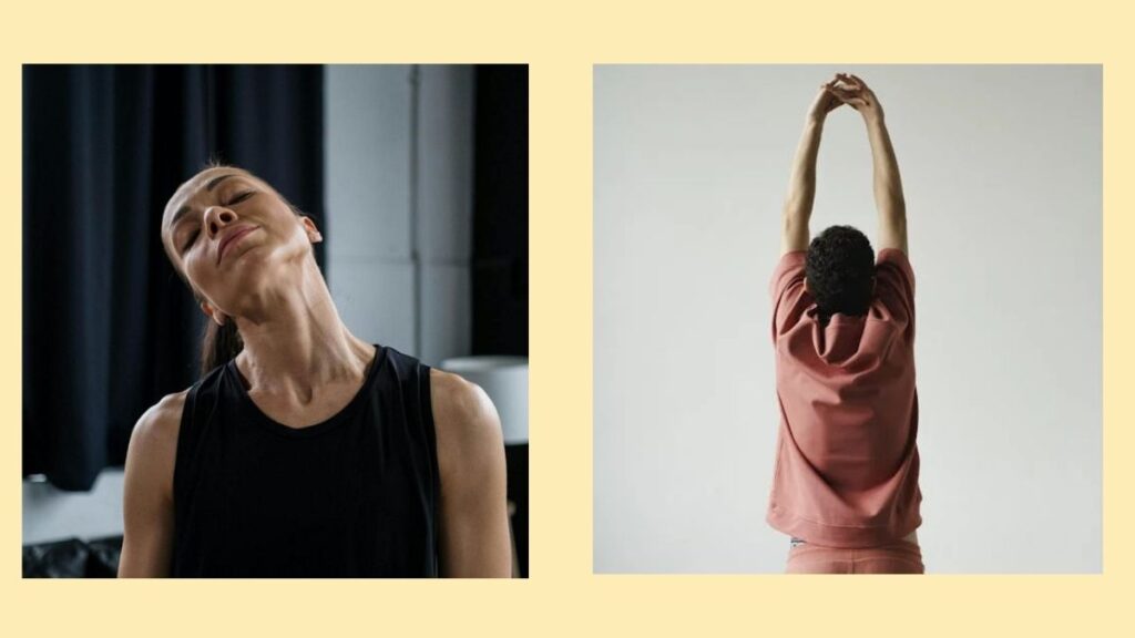 Two people stretching: one doing a neck stretch and the other stretching arms overhead, promoting flexibility and good posture.