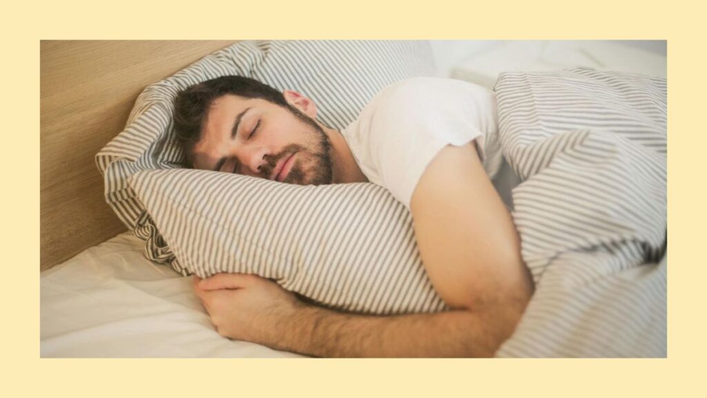 a man sleeping in the right way  slightly with bend  knees with a pillow under his head