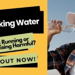 Woman drinking water outdoors with text asking if drinking water while running or exercising is harmful. FitzenJourney logo.