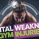 Mental weakness leads to gym injuries: a fatigued woman struggles with weights, with a cracked mental strength meter above her head and bold text, "Mental Weakness = Gym Injurie