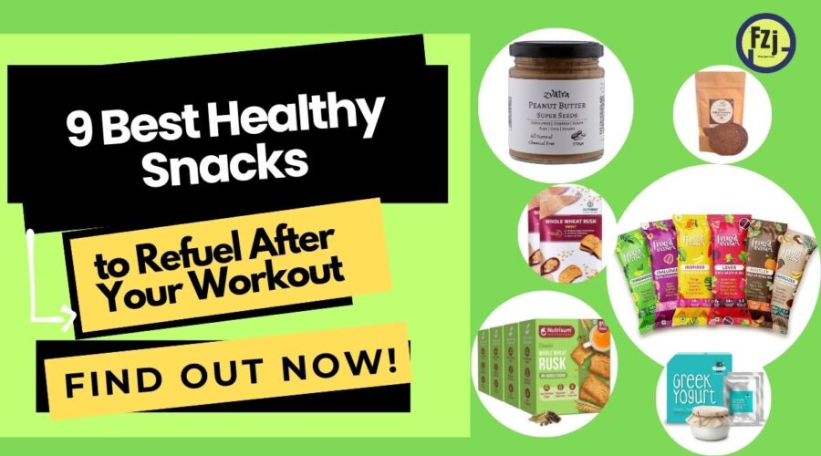 Thumbnail with "9 Best Healthy Snacks to Refuel After Your Workout," featuring snack images and a bold call-to-action.