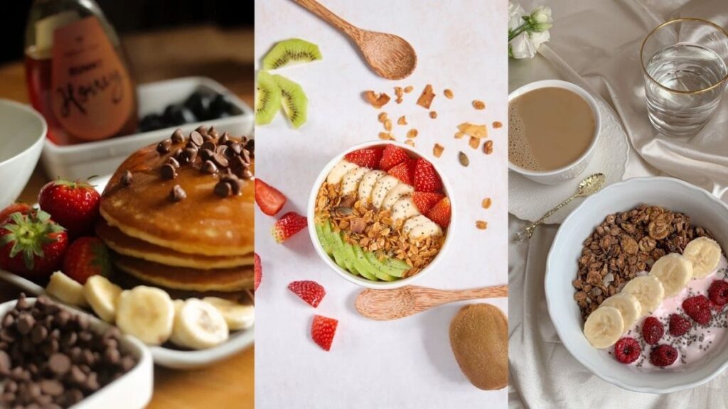 Collage of healthy meals for a diet plan for gym beginners: pancakes with fruits, granola with berries, and cereal with bananas.