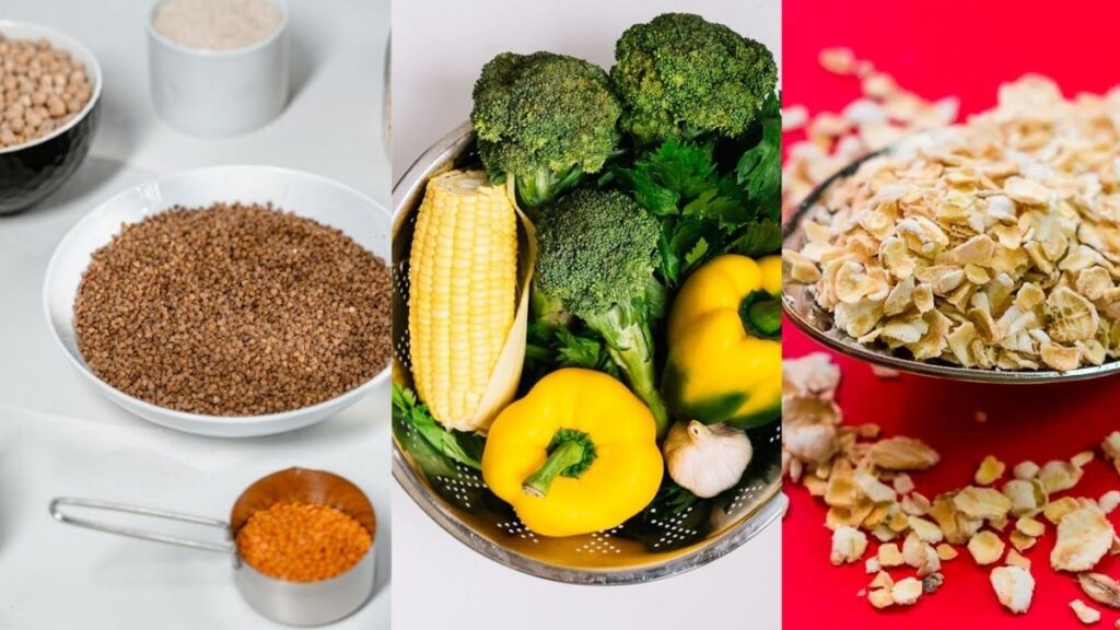 A collage of healthy foods, including grains, lentils, broccoli, corn, yellow bell peppers, garlic, and oats, promoting natural ways to get rid of belly fat.