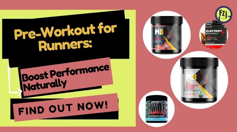 Promotional graphic for pre-workout supplements with bold text: 'Pre-Workout for Runners: Boost Performance Naturally' and images of pre-workout products.