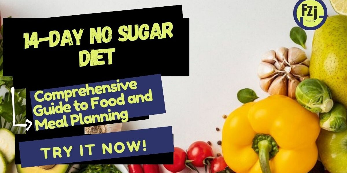 Thumbnail promoting a 14-Day No Sugar Diet with fresh vegetables and bold text highlighting a comprehensive meal planning guide.