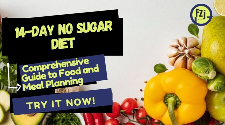 Thumbnail promoting a 14-Day No Sugar Diet with fresh vegetables and bold text highlighting a comprehensive meal planning guide.