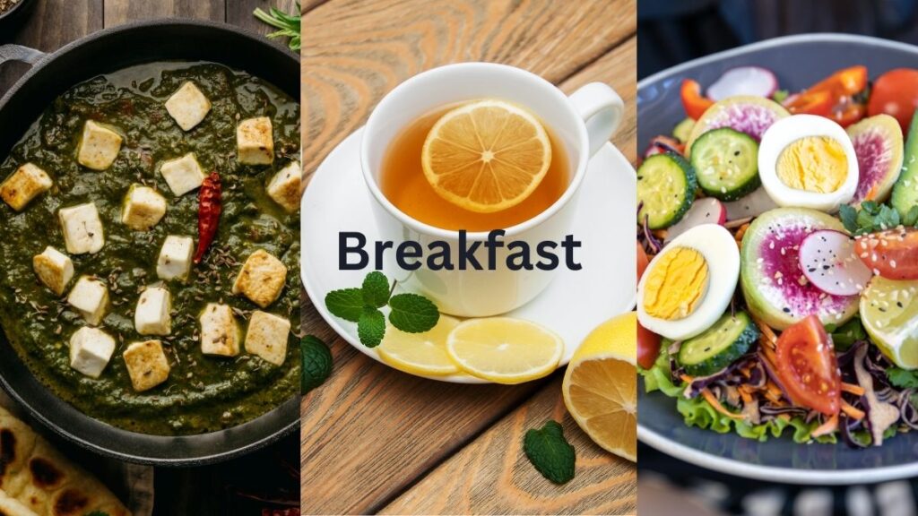 A plate of paneer bhurji with sautéed spinach, egg bhurji salad, and a cup of lemon tea, perfect for a low-carb Indian diet.