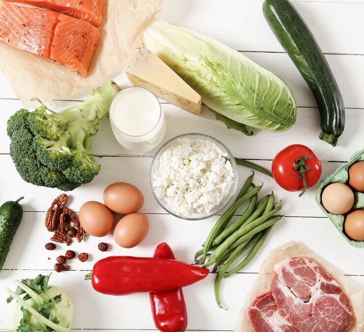 Healthy food ingredients on white wooden table