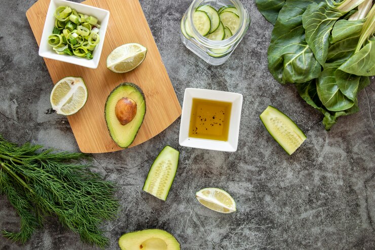 Top view of healthy fats food, including examples like olive oil, coconut oil, nuts (almonds, walnuts), seeds (chia seeds, flaxseeds), and avocado, ideal for a no sugar diet.