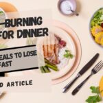 Healthy fat-burning dinner with grilled steak, rice, asparagus, and a fresh salad. Text overlay: '13 Fat-Burning Foods for Dinner.