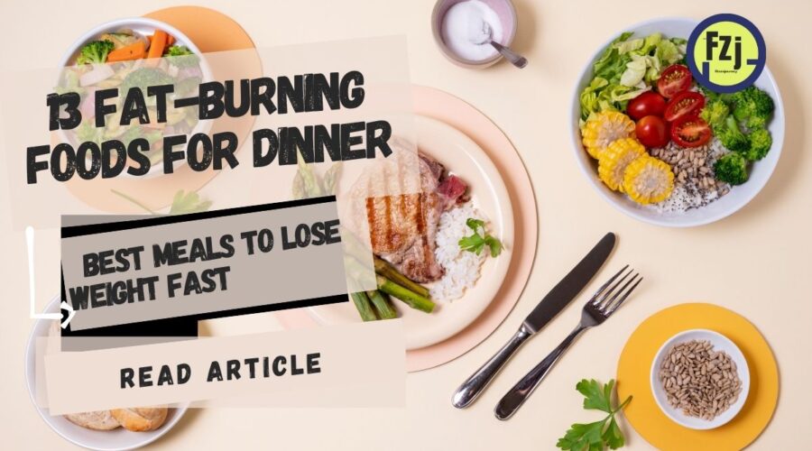 Healthy fat-burning dinner with grilled steak, rice, asparagus, and a fresh salad. Text overlay: '13 Fat-Burning Foods for Dinner.