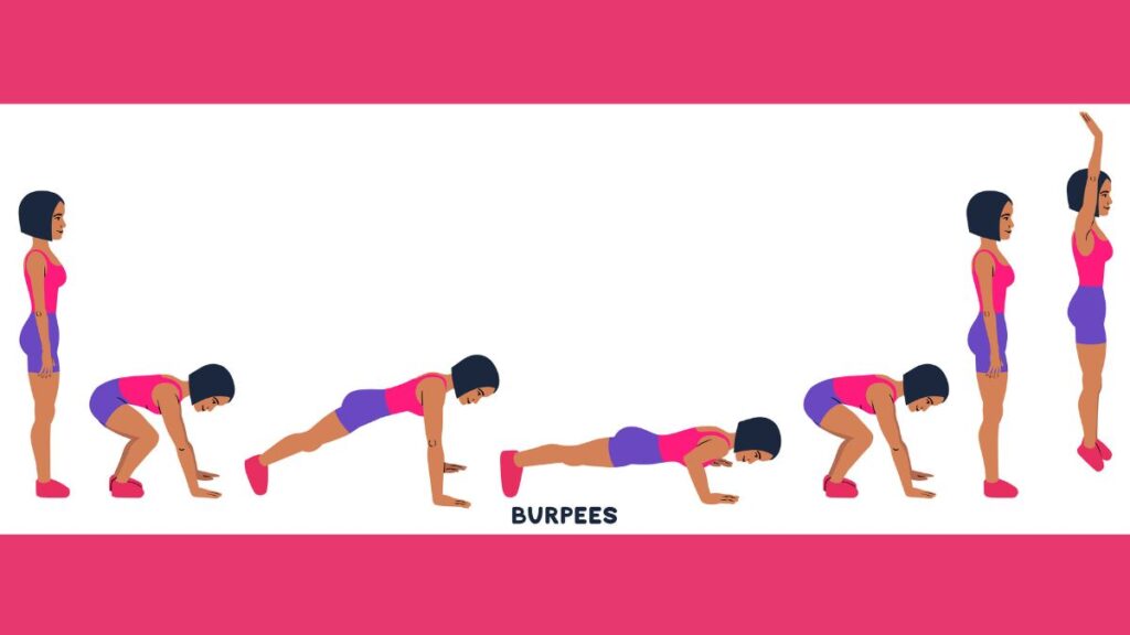 women doing multiple pose to show burpee exercise