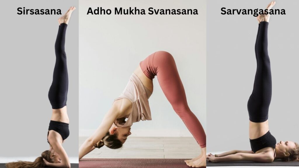 Three yoga poses for hair growth – Sirsasana (headstand), Adho Mukha Svanasana (downward dog), and Sarvangasana (shoulder stand) performed by women.