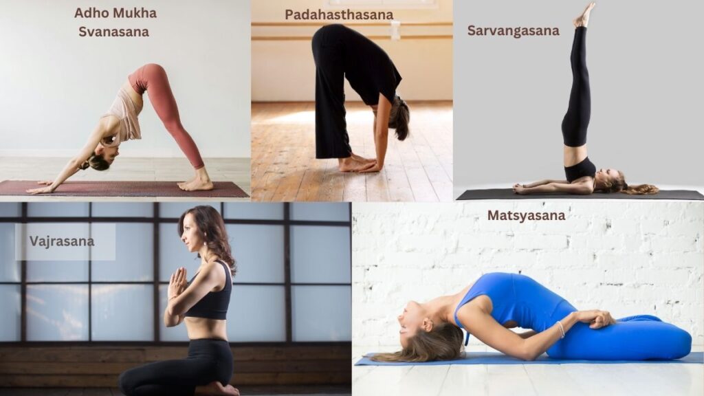 Yoga poses for hair growth, including Adho Mukha Svanasana, Padahastasana, Sarvangasana, Vajrasana, and Matsyasana, promoting scalp health.