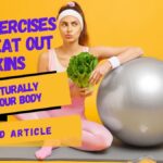 A fit woman in workout attire sits on a yoga mat, holding lettuce with a confused expression, next to a silver exercise ball. Bold text promotes "Best Exercises to Sweat Out Toxins and Naturally Detox Your Body." FitzenJourney logo is in the corner